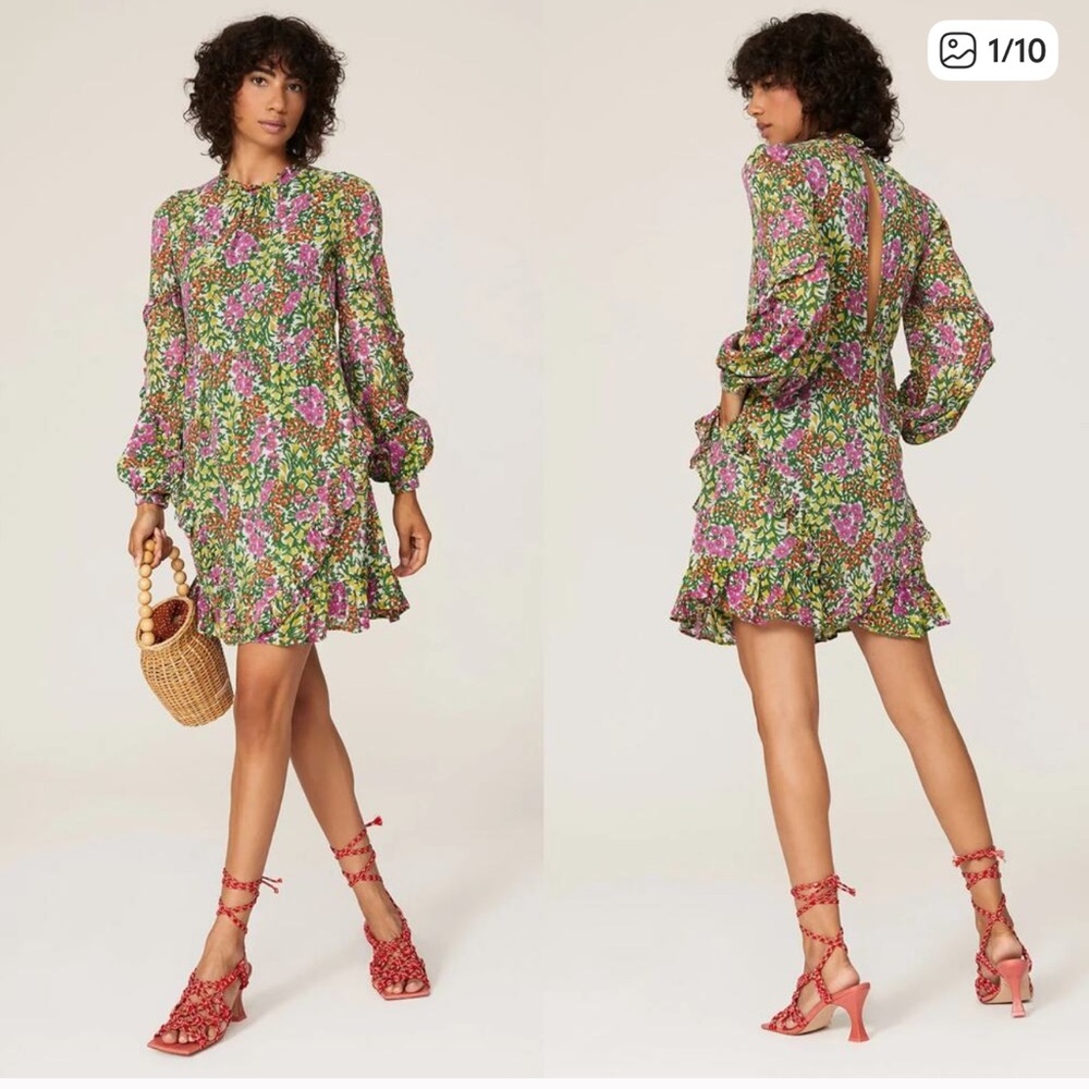 BANJANAN Lila Dress Floral Long Sleeve Mock Neck Keyhole Back Mini Dress Size M
